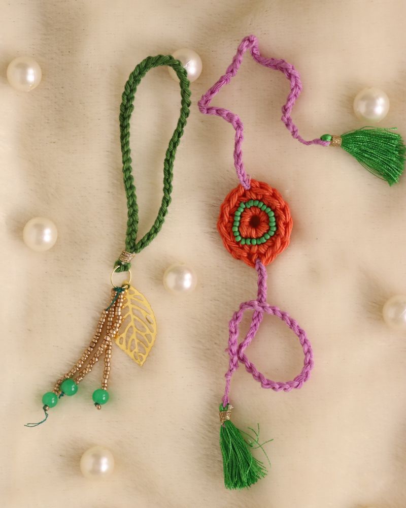 Lavender-green-crochet-rakhi-lumba-set
