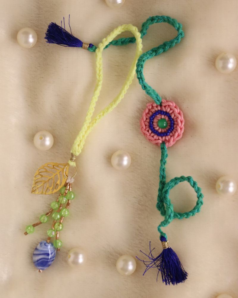 Green-yellow-crochet -rakhi-lumba-set Green-yellow-crochet -rakhi-lumba-set